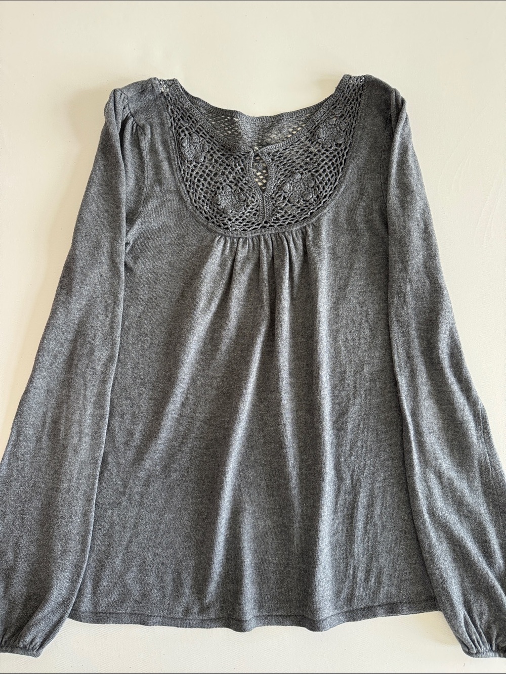 BCBG Heather Gray Crochet Yoke Long Sleeve Top